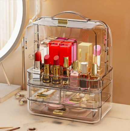 Large-Capacity Transparent Makeup Organizer Box with Lid & Multi-Tier Shelves